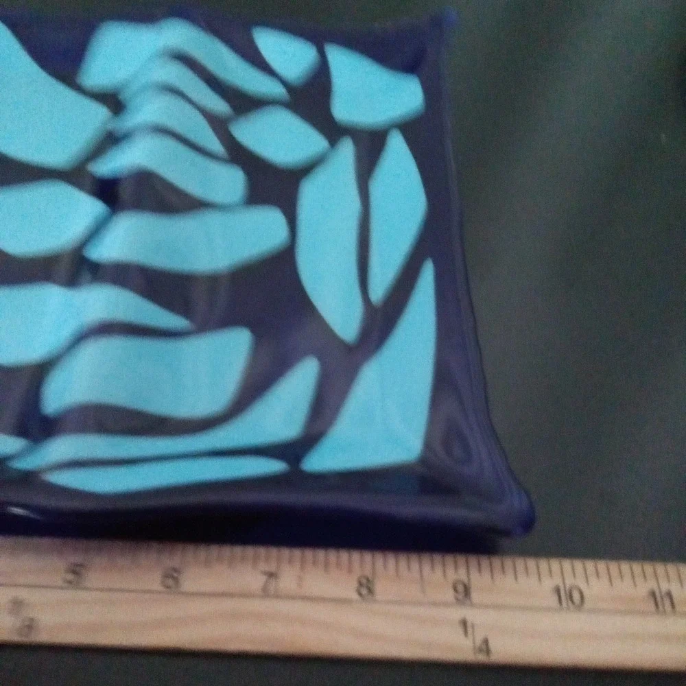 Artisan Fused Glass Square Decorative Bowl Cobalt Blue Turquoise Abstract Mosaic